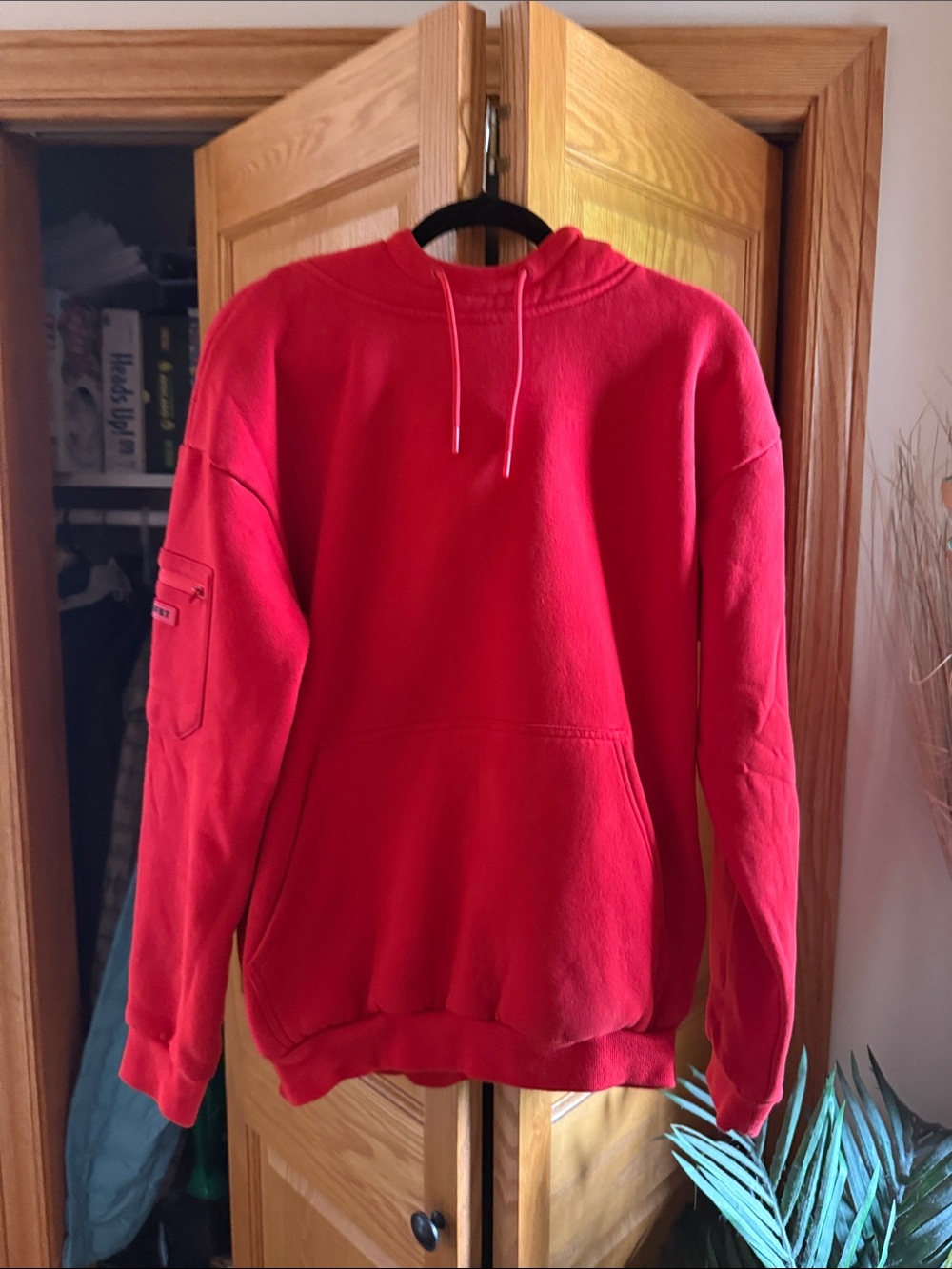 Men's Red Crewneck Sweatshirt with Sleeve Pocket